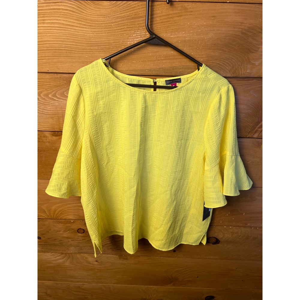 Vince Camuto Womens Blazing Yellow Textured Bell Sleeve Top Large Summer New NWT